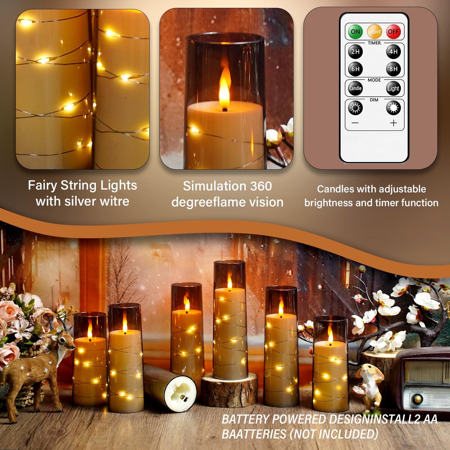 Flameless LED Candles with Timer 24 Pc Flickering Flameless Candles for Romantic Ambiance and Home Decoration Stable Acrylic Shell,with Embedded Star String，Battery Operated Candles（Grey）