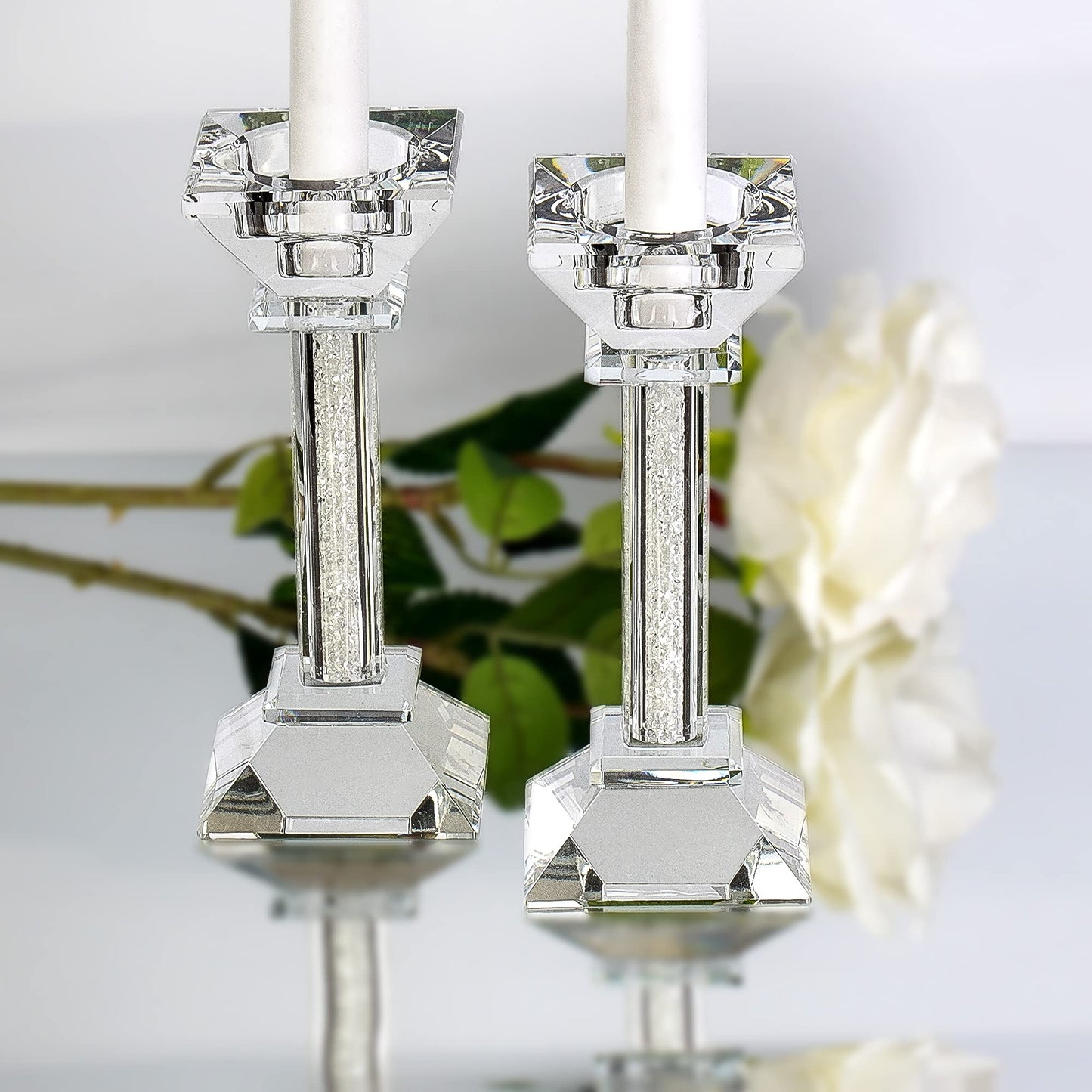 Crystal Candle Holders Set of 2-6.2" Tall Crystal Candlestick Holders - Ultra Elegant and Modern Centerpiece Home Decor