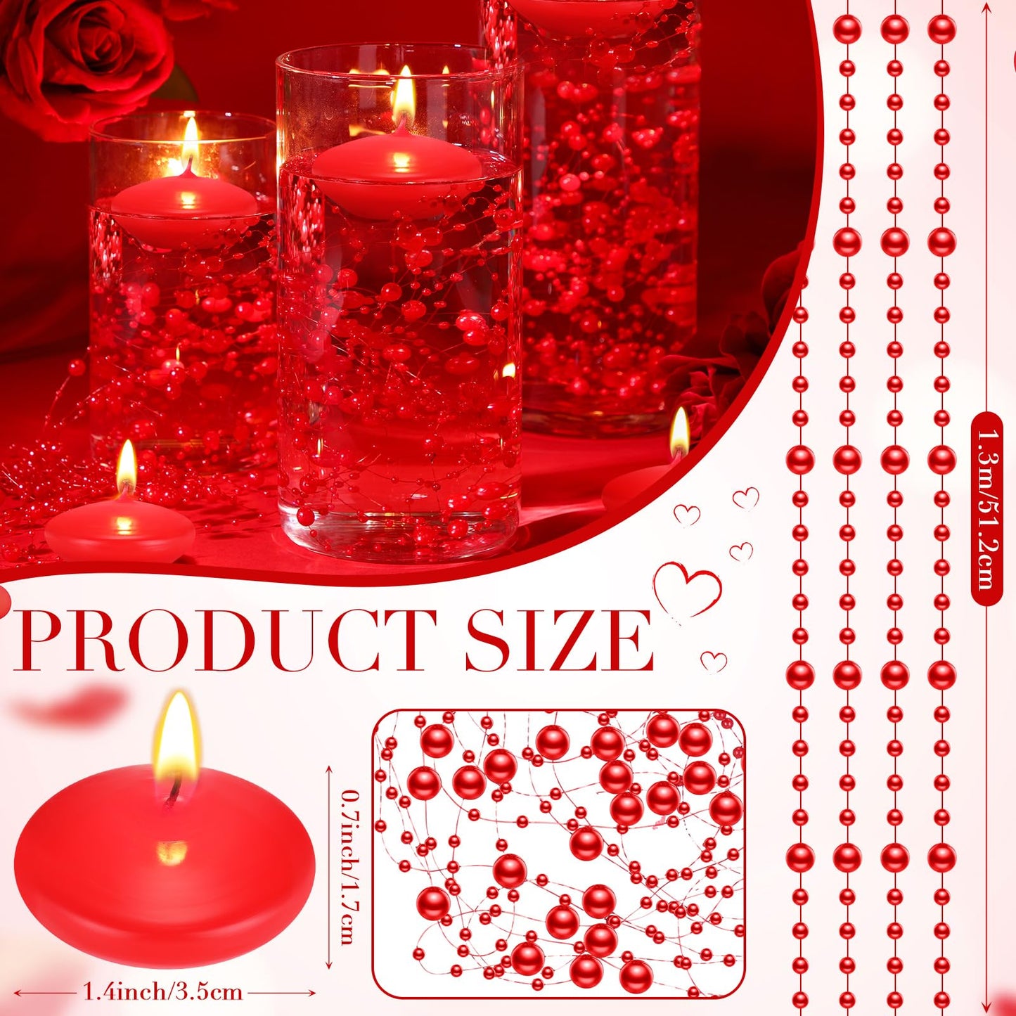 Fumete 40 Pcs Red Floating Candles with Pearl Strings for Wedding Centerpieces, Radiant Unscented Water Floating Tealights for Romantic Dinner, Party, Anniversary Decor