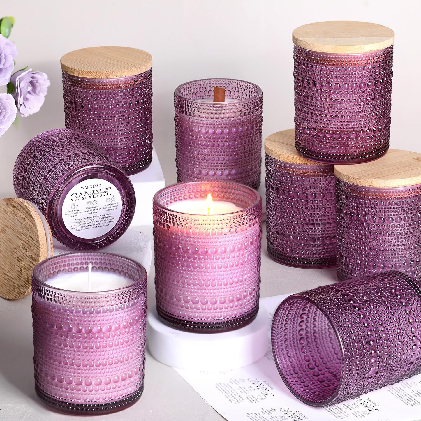DARJEN 12 Pack Purple Candle Jars - 8 OZ Empty Glass Containers With Bamboo Lids and Labels for Making Candles, DIY Home Supplies