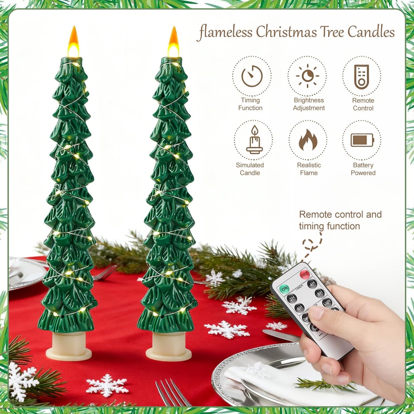 Eynshoo 2-Pack Christmas Tree Flameless LED Candles with String Lights, Realistic 3D Flickering Flame, Remote Control, Battery-Operated Christmas Decorations for Home & Holiday Display