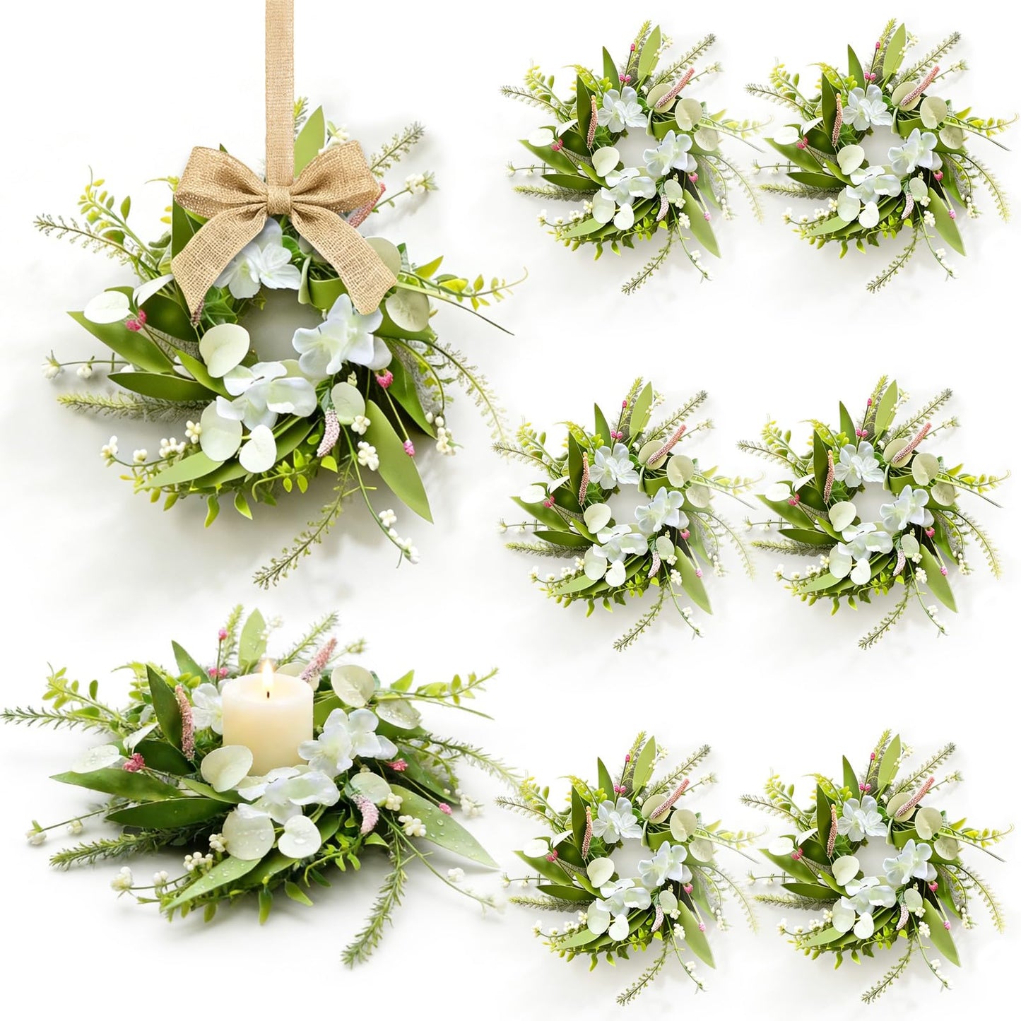 6 Pcs Small Spring Summer Candle Ring Wreaths Mini Pillar Candle Holder Wreath with White Hydrangea Flowers and Eucalyptus Leaves Artificial Spring Summer Wreath for Home Kitchen Table Cnterpieces