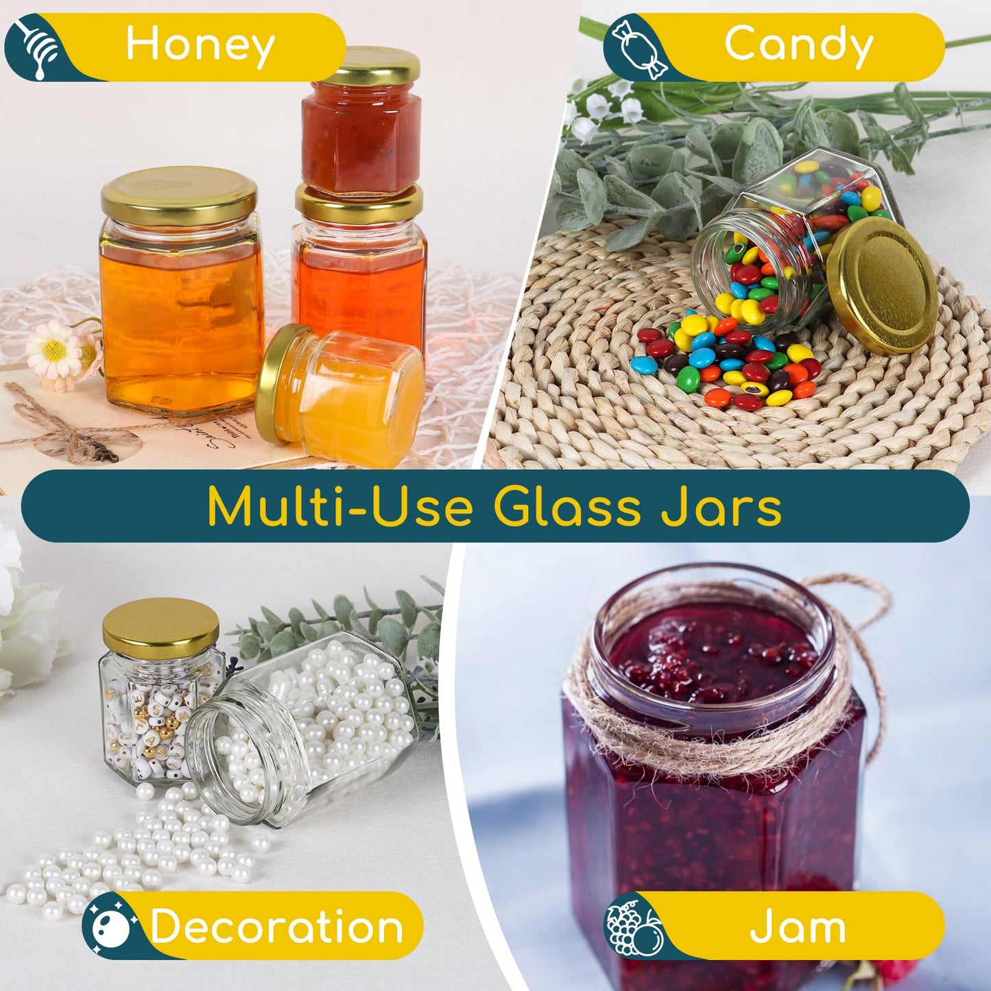 Keketin 3 oz Honey Jars,30 Pack Hexagonal Glass Jars with Gold Lids,90ml Small Canning Jar Mini Storage Glass Jars for Jams,Fruits,Spices,Nuts,Jellies,Baby Foods