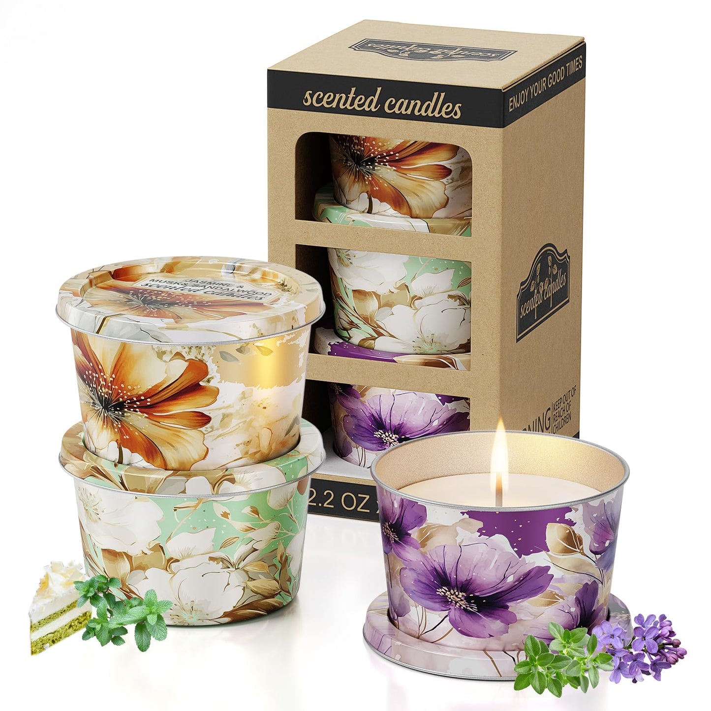3 Pack Scented Candles-Lavender & Thyme, Vanilla Cake, Jasmine & Musk & Sandalwood, Travel Tin Candle Set, 2.2oz Each, 8-10h Burn Time, Soy Wax, Cotton Wick