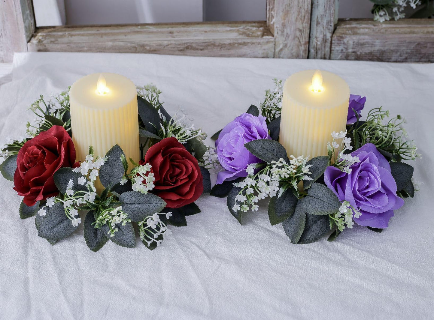 2 Pcs Artificial Rose Candle Rings Holder,Christmas Floral Wreaths with Eucalyptus Leaves Greenery Candle Rings for Pillar Candle Lantern Wedding Centerpiece Party Home Table Decor (Red)