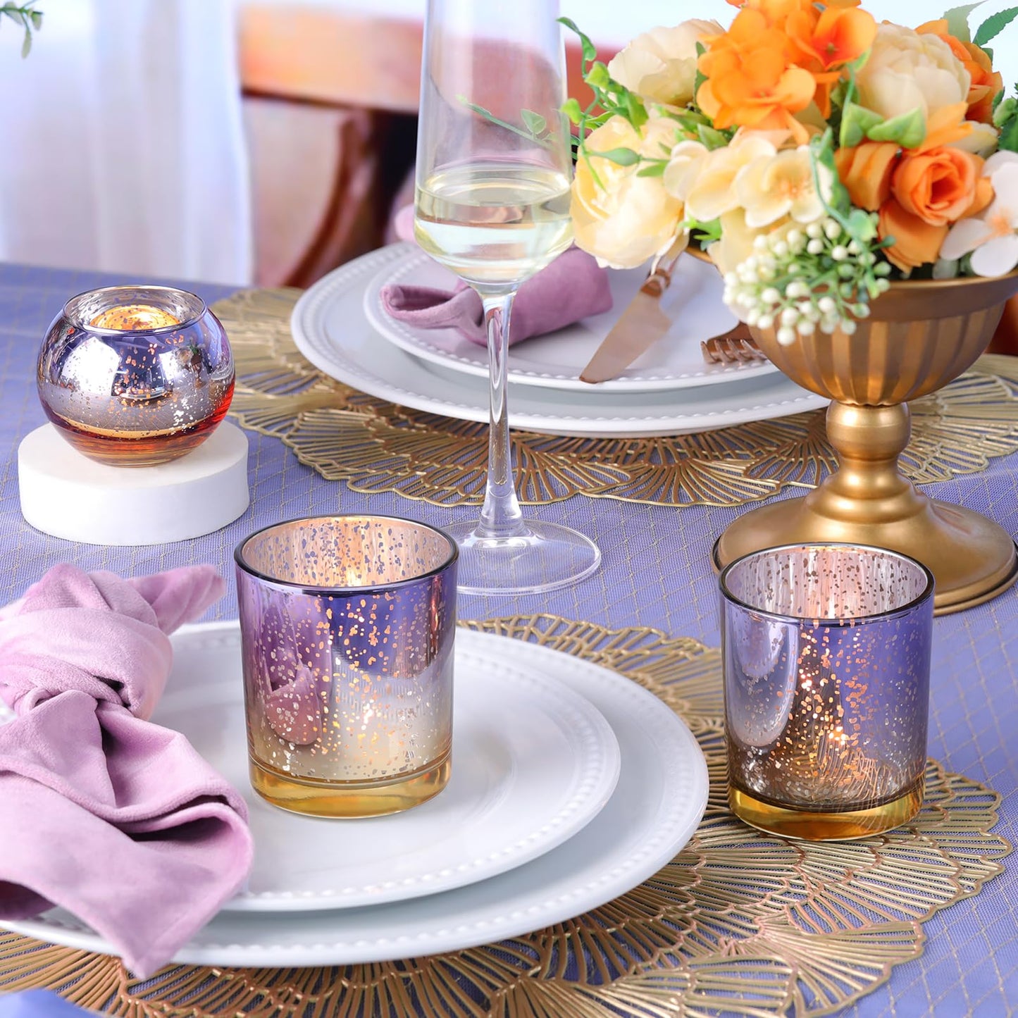 Volens 30pcs Assorted Purple Votive Candle Holders Bulk, Large Mercury Glass Votive for Wedding Table Centerpieces, Purple and Gold Themed Party Decorations and Home Decor