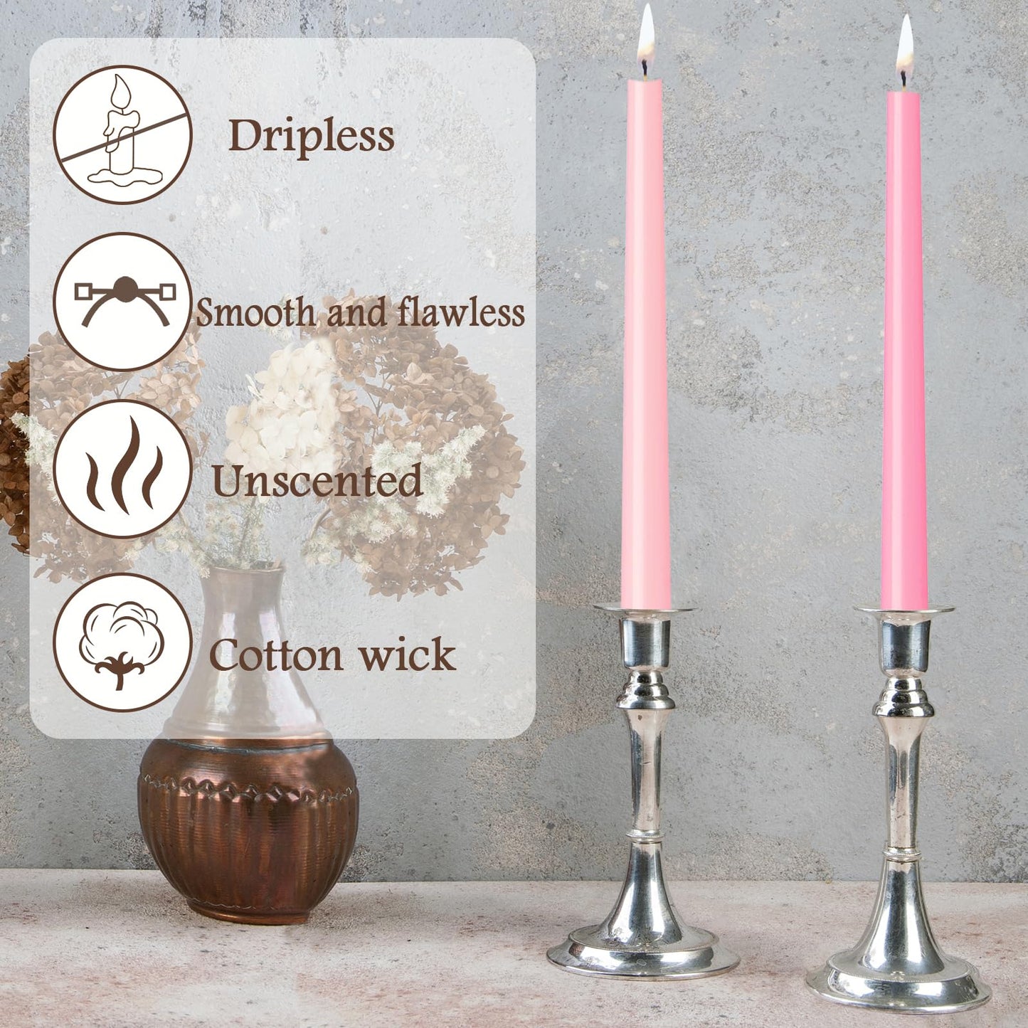 W&LESVAGO 12 Inch Gradient-Pink Taper Candles, 6 Packs Unscented Candlesticks for Dinner, Wedding, Valentine’s Day and Home Decoration, Dripless and Smokeless