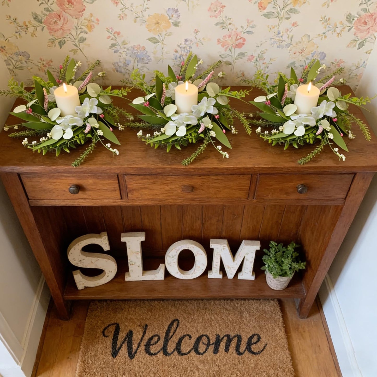 6 Pcs Small Spring Summer Candle Ring Wreaths Mini Pillar Candle Holder Wreath with White Hydrangea Flowers and Eucalyptus Leaves Artificial Spring Summer Wreath for Home Kitchen Table Cnterpieces
