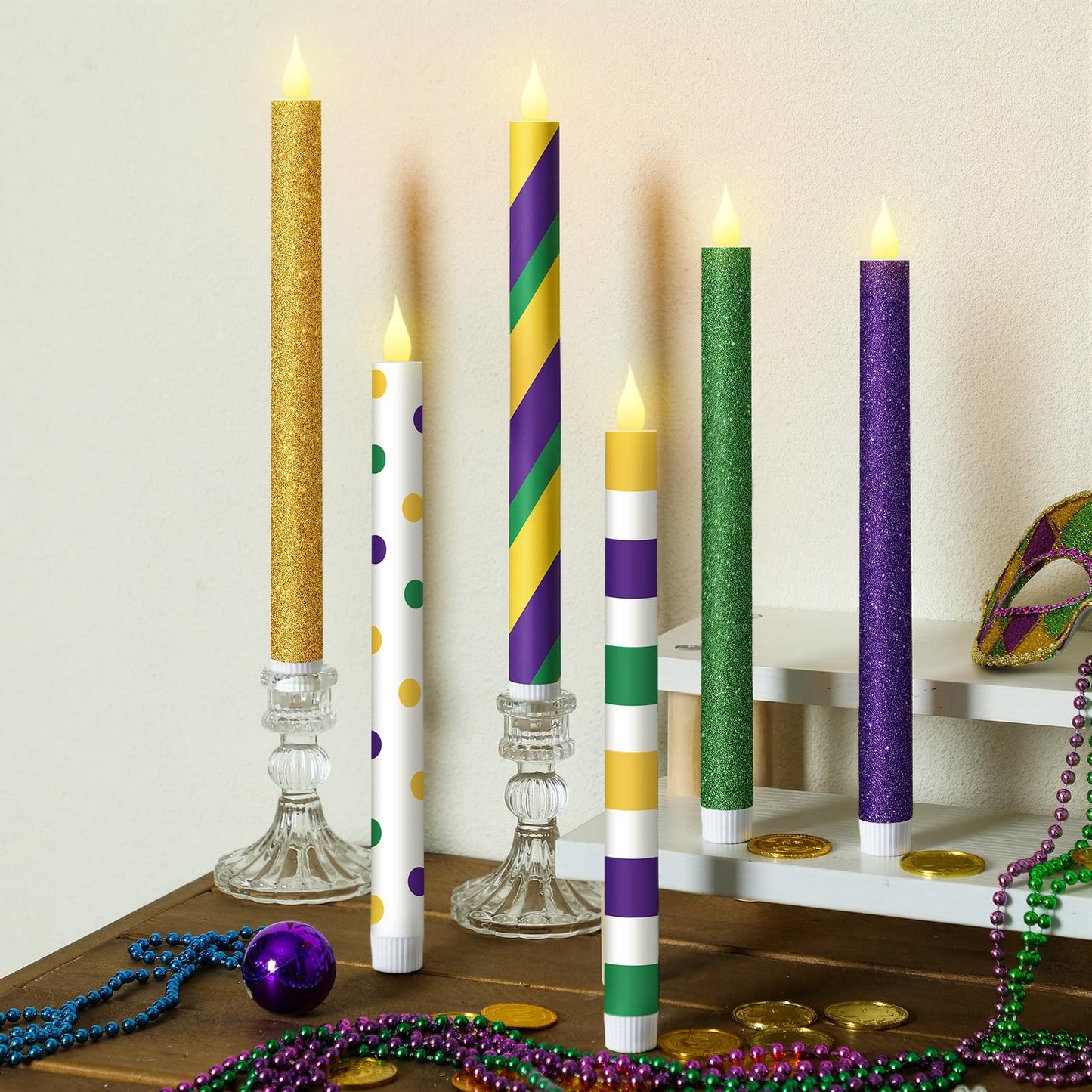 Honoson 6 Pcs Mardi Gras Flameless Taper Candles 10.6 Inch Purple Green and Gold Candles Battery Operated LED Candlesticks for Mardi Gras Dinner Table Centerpiece Indoor Outdoor Party Home Decor