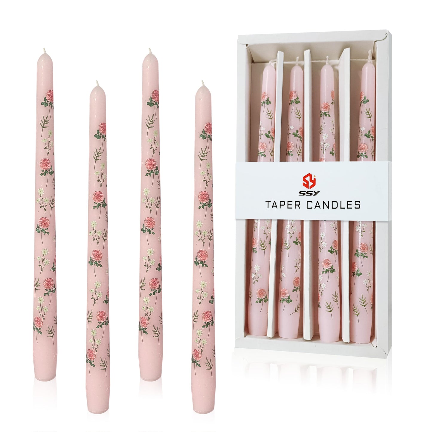 Rose Printed Taper Candle Smokeless- 4 Pack Handmade Pink Taper Candle - Dripless Uncented Candle 10 inches Long Flower Printed Tapered Candles for Mother's Day Home Wedding Restaurant Holiday Decor