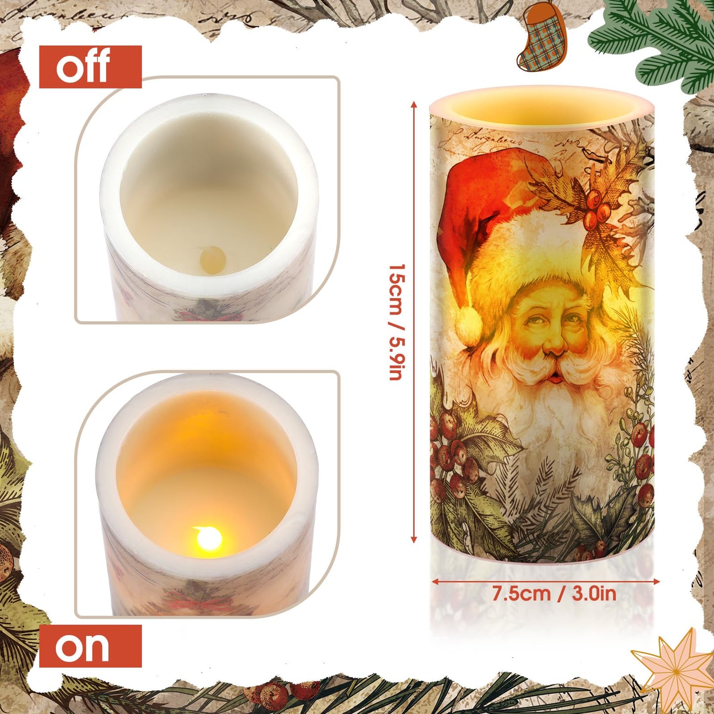 Retisee 3 Pcs Christmas Flameless Candles with Remote Timer Real Wax LED Flickering Pillar Candle White Cold Light Battery Operated for Home Window Xmas Gift Winter Holiday Decor(Retro)