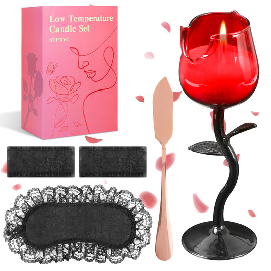 SUPXYC Low Temperature Candle Set, Romantic Valentine's Day Candles, Rose Flower Wine Glasses Candle, Valentine's Day Scented Candle Gift with Scraper Ribbon Roses Petals (Red Rose)