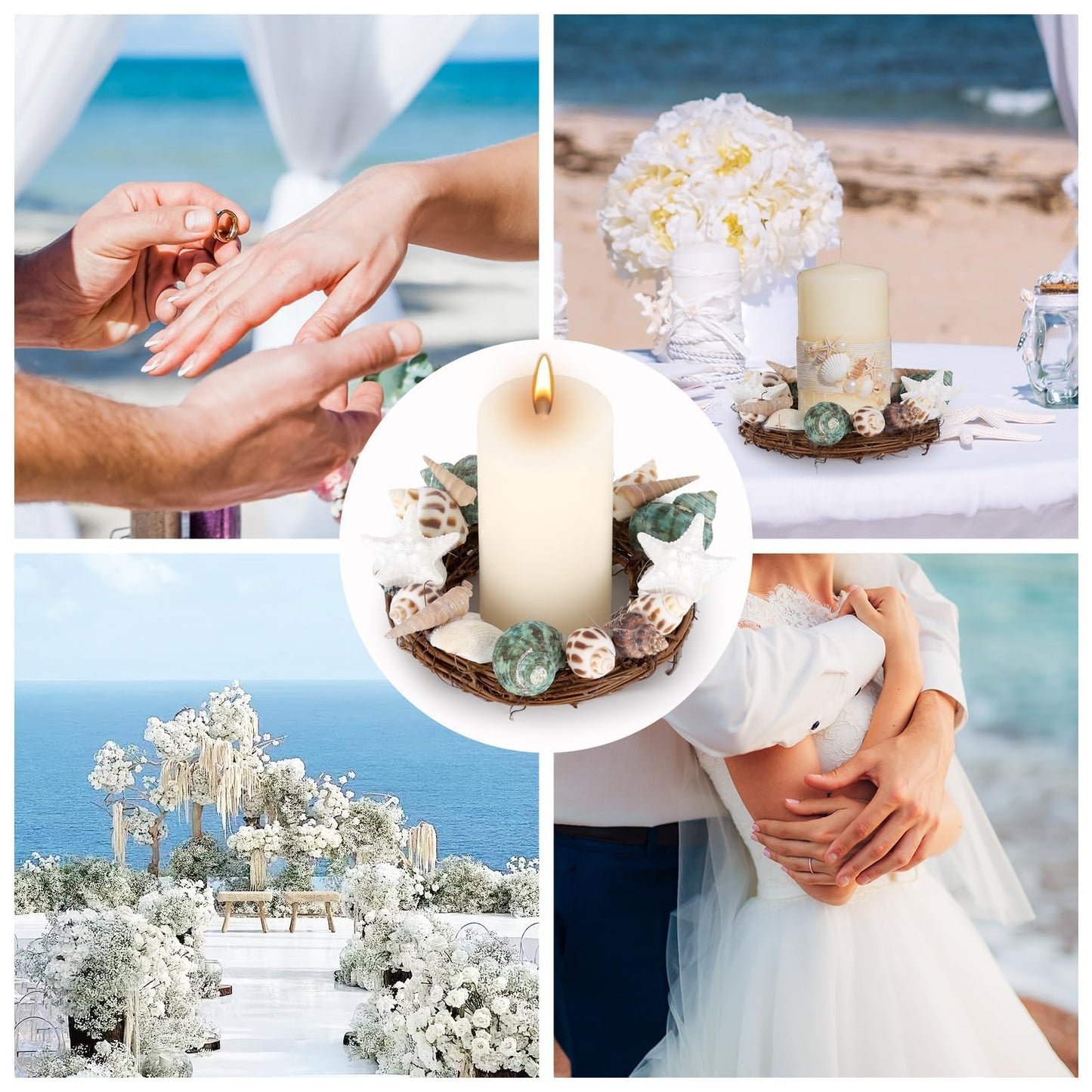 6 Pcs Summer Seashell Starfish Wreath Mini Candle Rings Wreaths Coastal Pillar Candle Holder for Ocean Cruise Wedding Parade Bridal Shower Bachelorette Party Table Decor