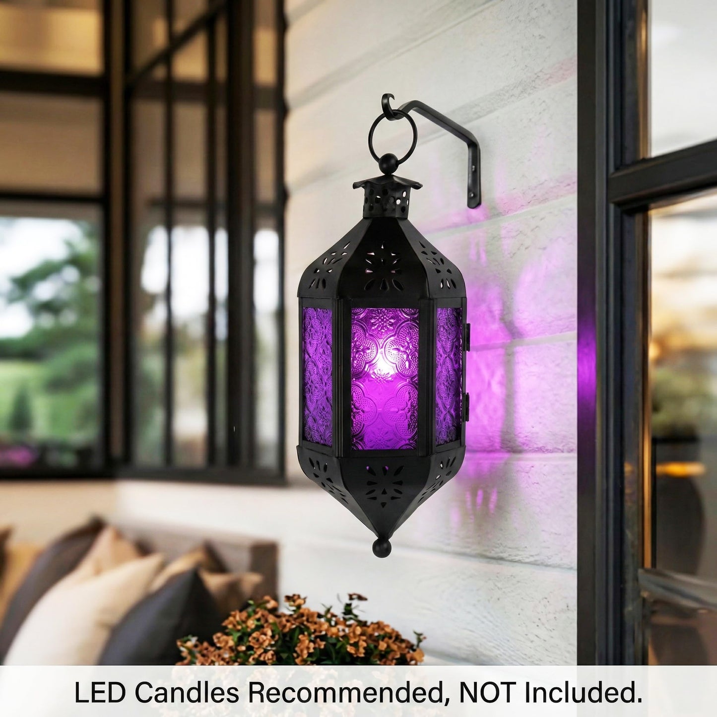 Vela Lanterns Gothic Candle Holder, Hanging Lantern Indoor Lamp, Witchy Whimsigoth Home Decor, Decorative Moroccan Purple Glass Halloween & Vampire Decorations, Metal with 12" Chain, Purple Glass