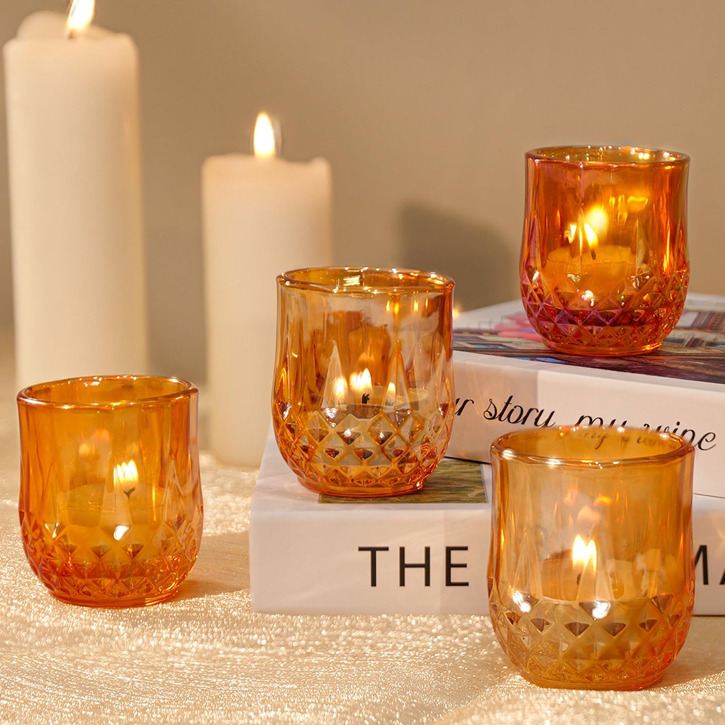 12 Pcs Votive Candle Holders, Amber Glass Tea Lights Candle Holder in Bulk for Table Centerpiece, Tealight Candle Holders for Wedding, Party, Home, Bridal Shower, Birthday