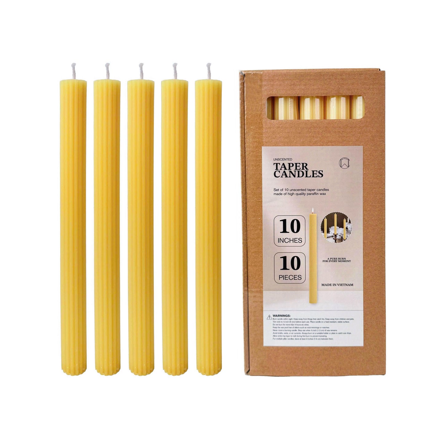 Ribbed Taper Candles 0.78x10 Inch 10 Pack Light Yellow – CW Studio Unscented Fluted Design, Up to 11 Hour Burn, Smokeless Dripless Hand-Poured Wax