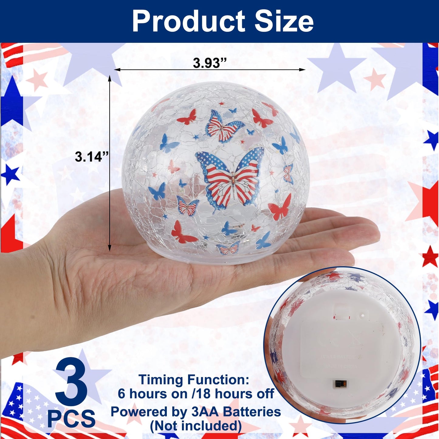 Memorial Day Decorations,3PCS Independence Day Decorative Lights, 3.93-inch Independence Day Desktop Decoration LED Night Light, Cracked Glass Ball Light with Timer, 4th of July Ornament (Butterfly)