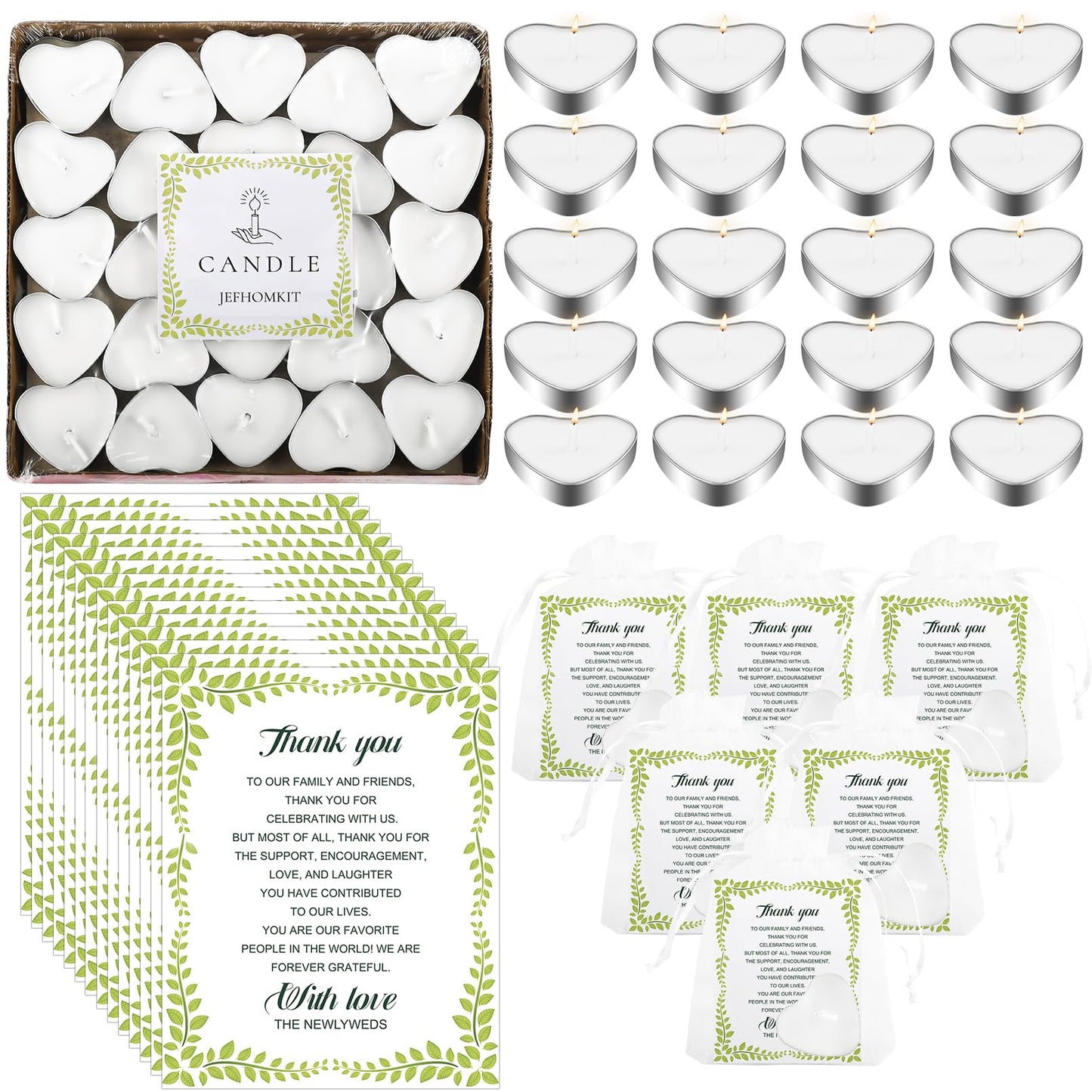 JEFHOMKIT 100 Set Wedding Favors - Heart Shaped Tealight Candles and Thank You Cards with Organza Bags
