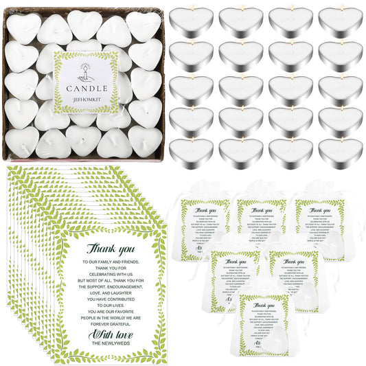 JEFHOMKIT 100 Set Wedding Favors - Heart Shaped Tealight Candles and Thank You Cards with Organza Bags