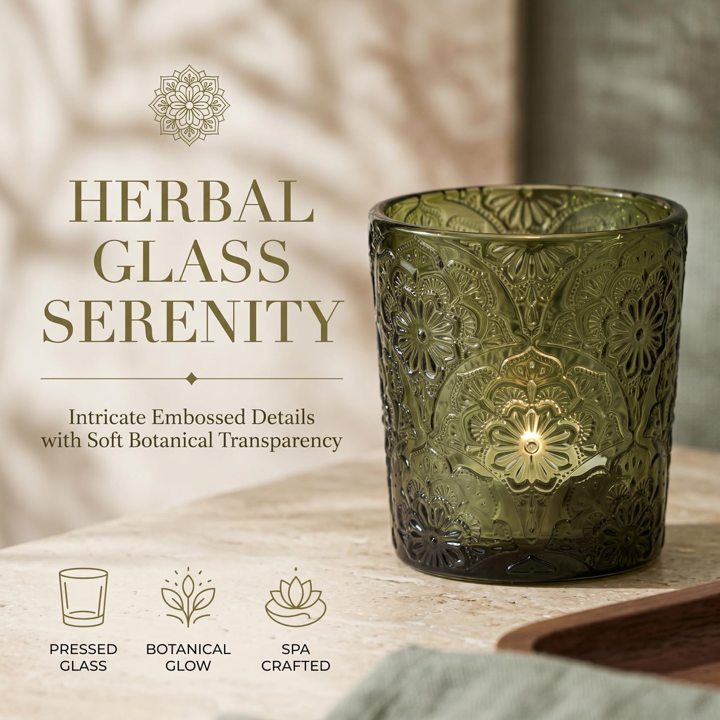 6 Pack Mandala Embossed Glass Candle Holders – Votive Tealight Holders with Patent Design, Decorative Embossed Glass Cups for Wedding Centerpieces, Parties, and Home Décor (Moss Green)