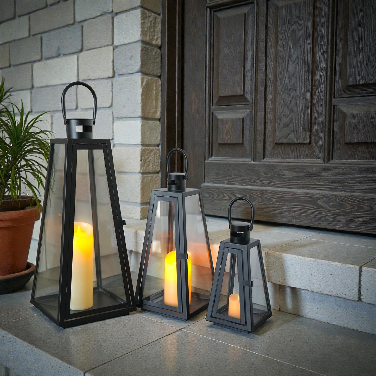 TRIROCKS Set of 3 Decorative Candle Lantern 11/16/21''H Metal Outdoor Candle Holder Hanging Lantern with Tempered Glass for Christmas Home Living Room Parties Event Indoors Outdoors (Black Triangle)