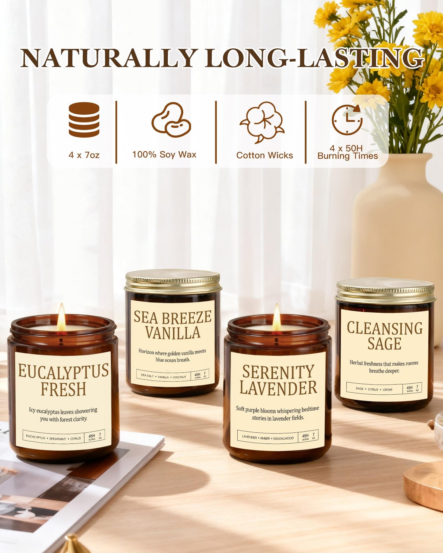 4 Pack Scented Candles for Home Scented: Soy Candles for Women, Up to 200H Burning Aromatherapy Candle Set, Jar Candle Gift Set for Birthday Valentine's Day, Scents of Sage/Vanilla/Lavender/Eucalyptus