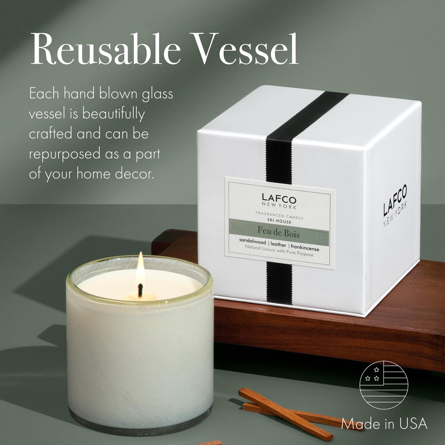 LAFCO New York Signature Candle, Feu de Bois - 15.5 oz, 2 Pack - 90-Hour Burn Time - Reusable, Hand Blown Glass Vessel - Made in The USA
