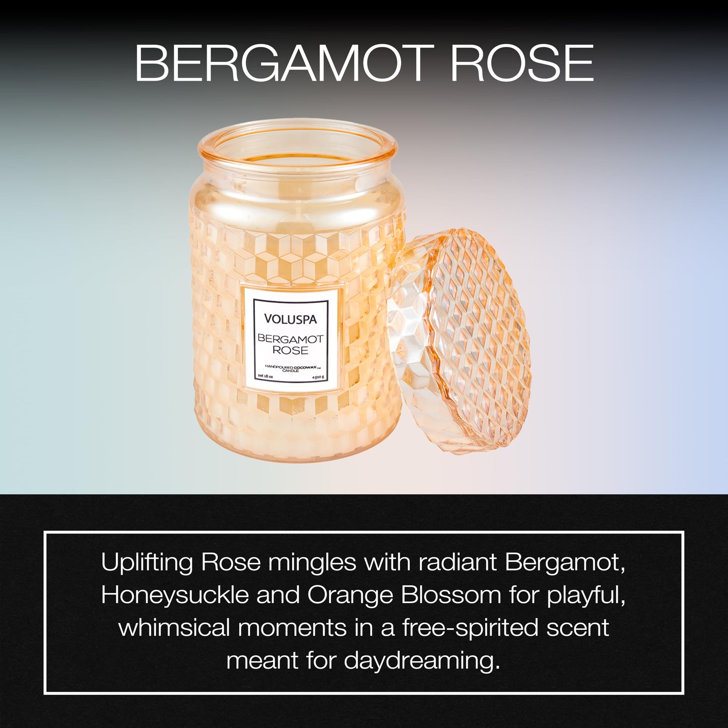 Voluspa Bergamot Rose, Large Candle Jar, 18 oz, 100 Hour Burn Time, Coconut Wax for Clean Burning, Handcrafted in the USA