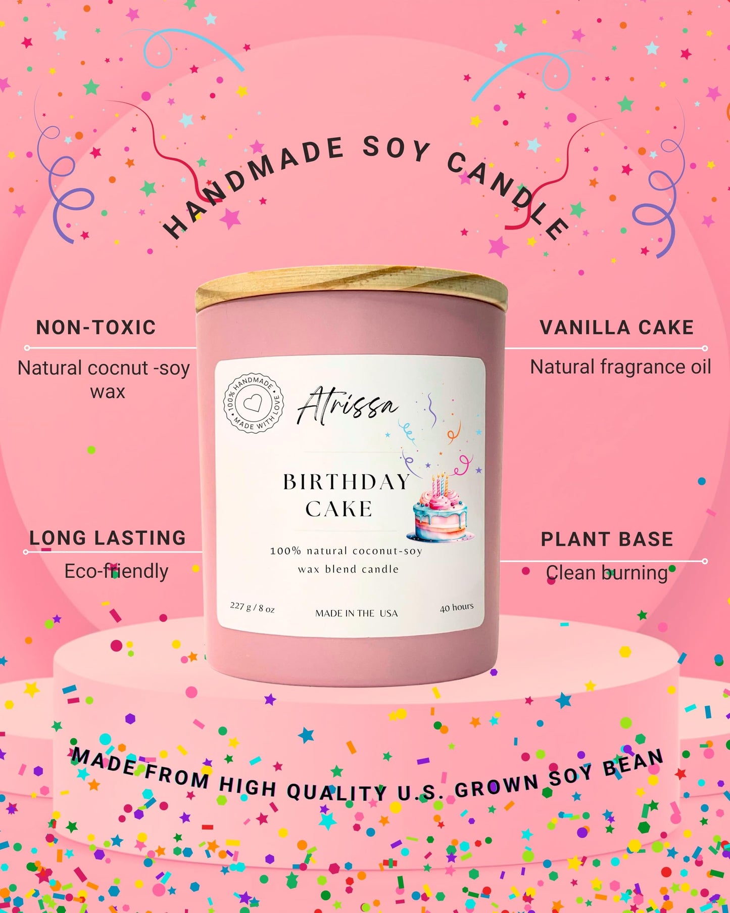 ATRISSA Birthday Cake Scented Candle – 8 oz Coconut Soy Wax, Pink Glass Jar, Handmade in USA, Eco-Friendly Non-Toxic Candle, Sweet Vanilla Cake Aroma Home Gift