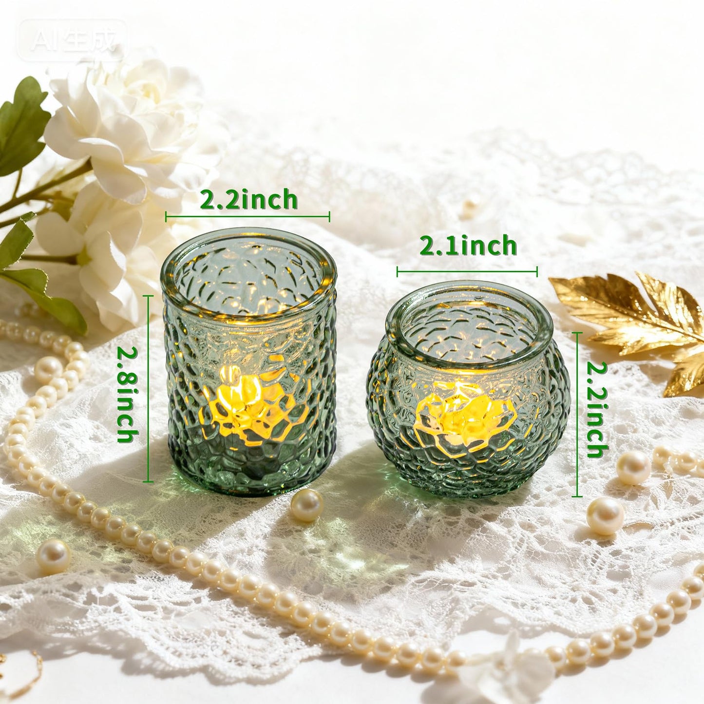 24-Piece Green Glass Votive Candle Holders Set – Tealight Candle Holder Glass Bulk with 12 Round & 12 Hammered Textured Cups, Green Votive Candle Holders for Weddings, Parties, Home