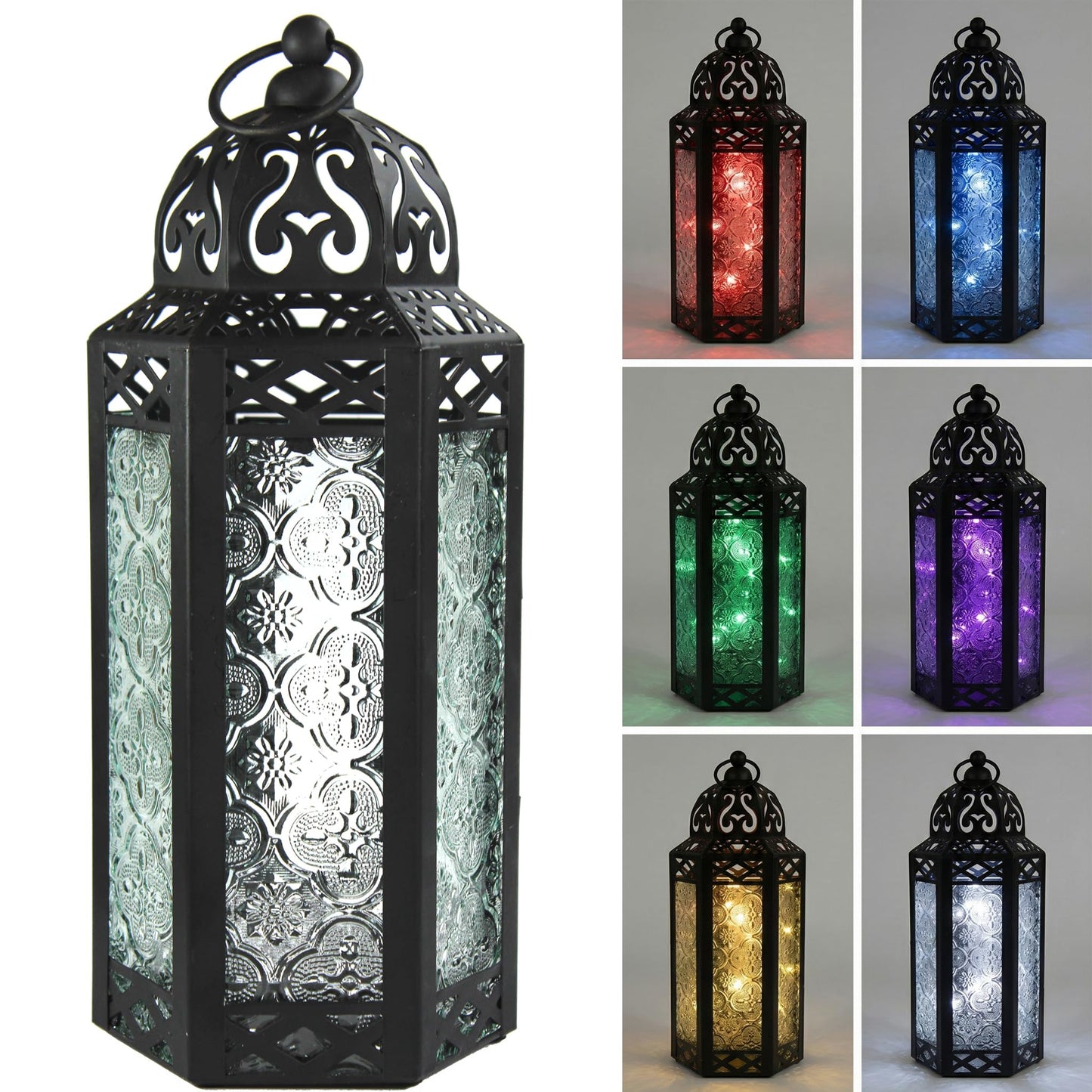 Vela Lanterns Decorative Indoor Moroccan Candle Holder & LED Fairy Lights -Twinkle Turkish Lamp, Fantasy Home Decor Table Centerpieces, Hanging Outdoor Patio Porch Wedding Ramadan (10.5", Multi)