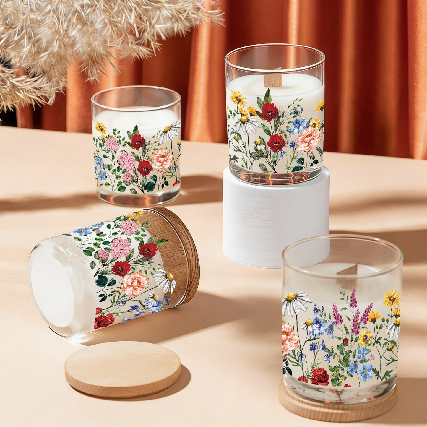 Whaline 12Pcs Wildflower Empty Candle Jar with Wooden Lid 7 oz Spring Floral Glass Candle Container for Candles Making Storing Kitchen Table Centerpiece Decoration