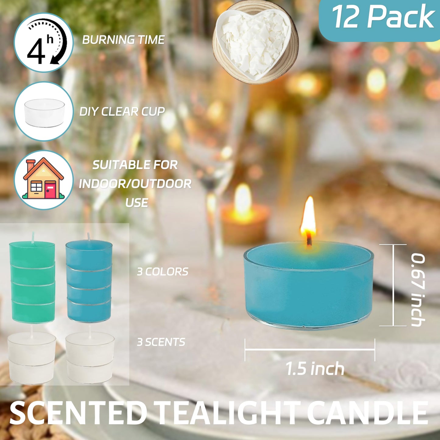 Scented Tea Light Candles 12 Pack Hand Poured 3 Color Smokeless 4 Hours Clean Burning Small Round Clear Cups Tealight Candles for Romantic Dinners Wedding Centerpieces Cozy Evenings