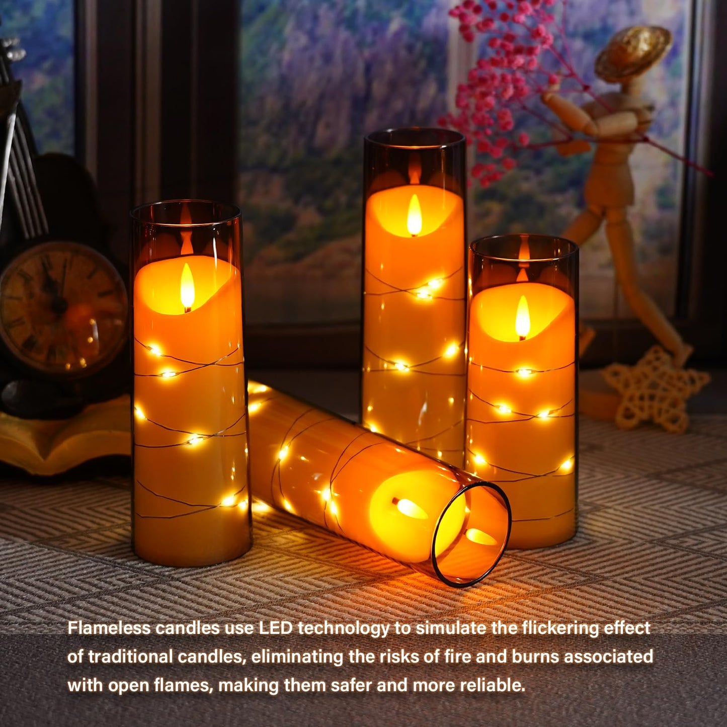 Eebuss Flameless Candles with Embedded Star String, Battery Operated LED Pillar Candles with Timer and Remote Control,Home Decorating for Ambiance， Set of 9(Grey)