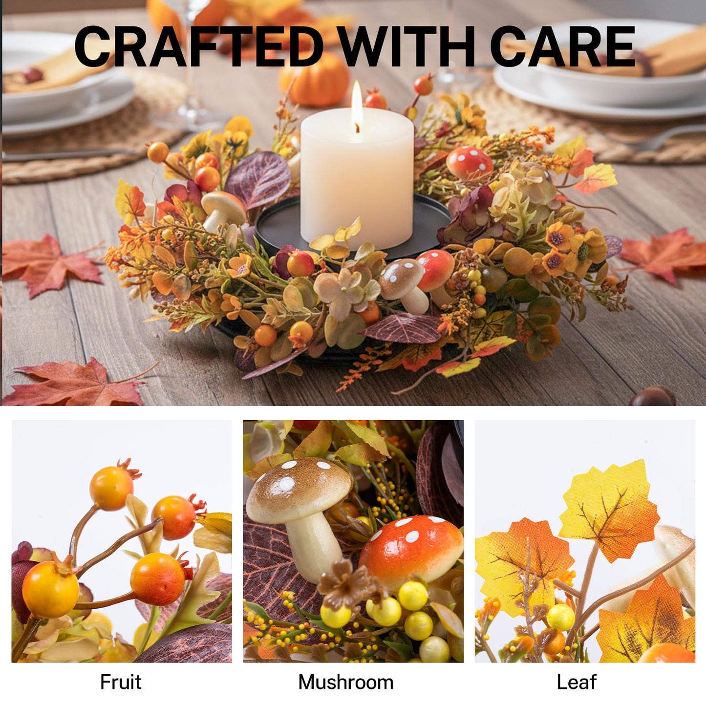 MOYEE Candle Holder Centerpieces for Tables,Candle Ring,Wreaths, Black Metal Candle Stick Paired Artificial Flowers 14 in Versatile Dining Table Centrepiece (Daisy Mushroom Wreath)