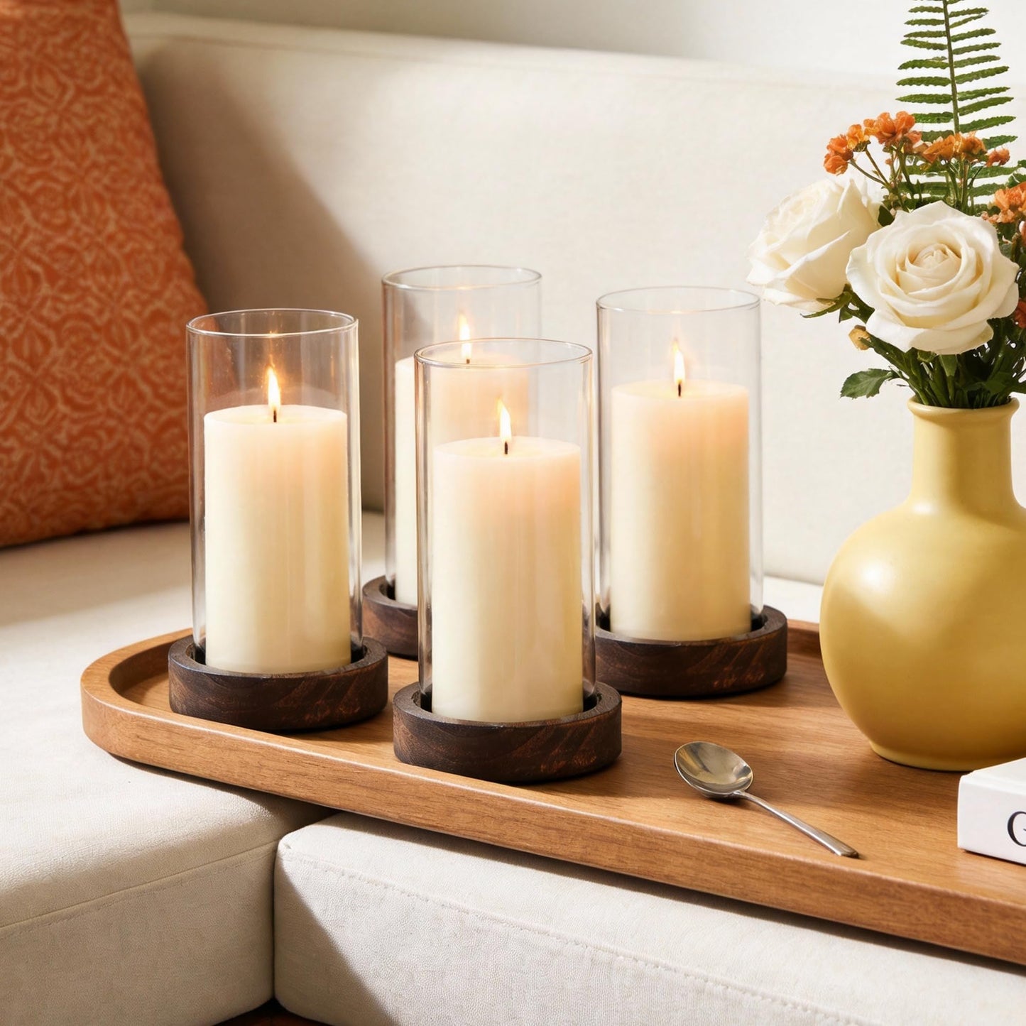 Ronasip Set of 4 Hurricane Candle Holders - 4.6x7.8 Inch Rustic Wooden Base with Glass Cylinder, Brown Pillar Candle Holders for Wedding Centerpieces, Home Decor, Table & Mantel Decorations
