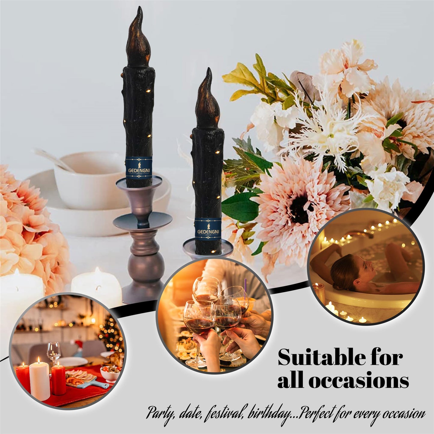 Gedengni Magical Candlesticks Flameless Taper Candle, 2pcs Black LED Tapered Candles Remote Dipped Candle 6inch Battery Chandelier for Enchanting Weddings and Harry Potter Inspired Vigils(LW2P-BA)