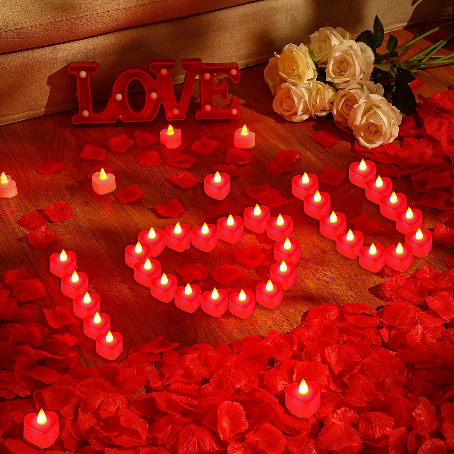 VIHOSE 4000 Pcs Artificial Rose Petals with 24 Pcs LED Tea Lights Candles Flameless LED Candles Fake Rose Petals for Wedding Birthday Party(Red Light, Red Petal)