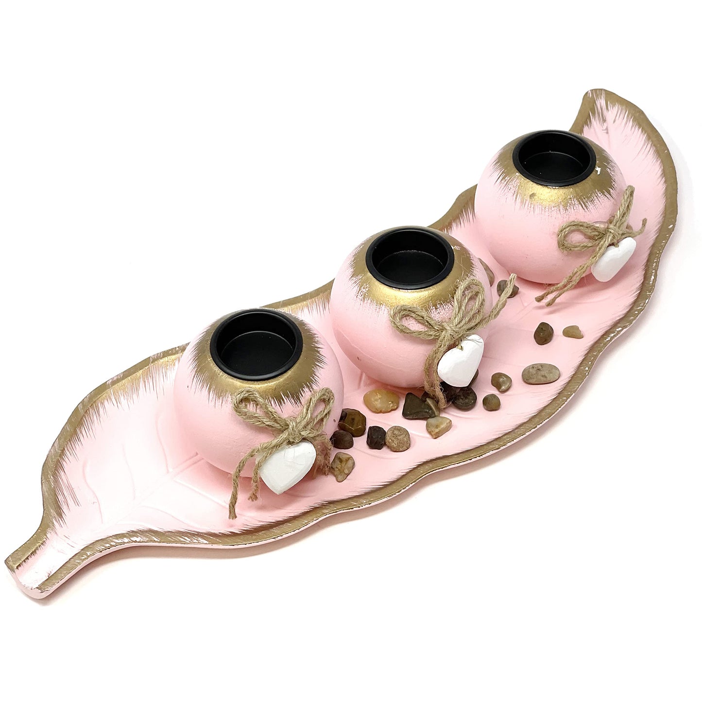 allgala Wooden Candle Holder Tray 3 Ball Orbs Set Tealight Candle Holder Centerpiece with Pebbles on Leaf Tray for Coffee Table Dining Table Accents Bowl for Living Room Décor-Pink-HD90407