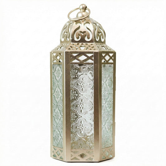 Vela Lanterns Decorative Indoor Candle Holder Table Centerpieces - Moroccan Hanging Outdoor Patio & Porch Home Decor, Turkish Lamp for Wedding, Ramadan (Medium 10.5", White Gold)