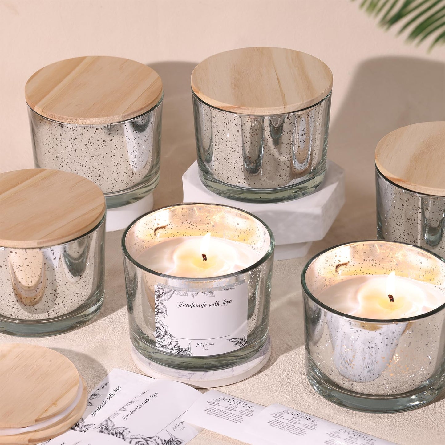 simeitol 16 OZ Speckled Silver Candle Jar for Making Candles 6 Pcs, Glass Candle Jars with Airtight Bamboo Lids - Empty Candle Jars Bulk with Sticky Warning Labels - for Home, Wedding, Christmas