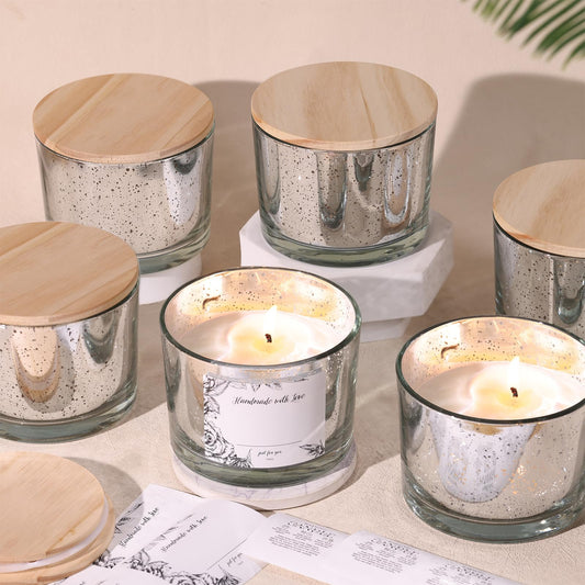 simeitol 16 OZ Speckled Silver Candle Jar for Making Candles 6 Pcs, Glass Candle Jars with Airtight Bamboo Lids - Empty Candle Jars Bulk with Sticky Warning Labels - for Home, Wedding, Christmas
