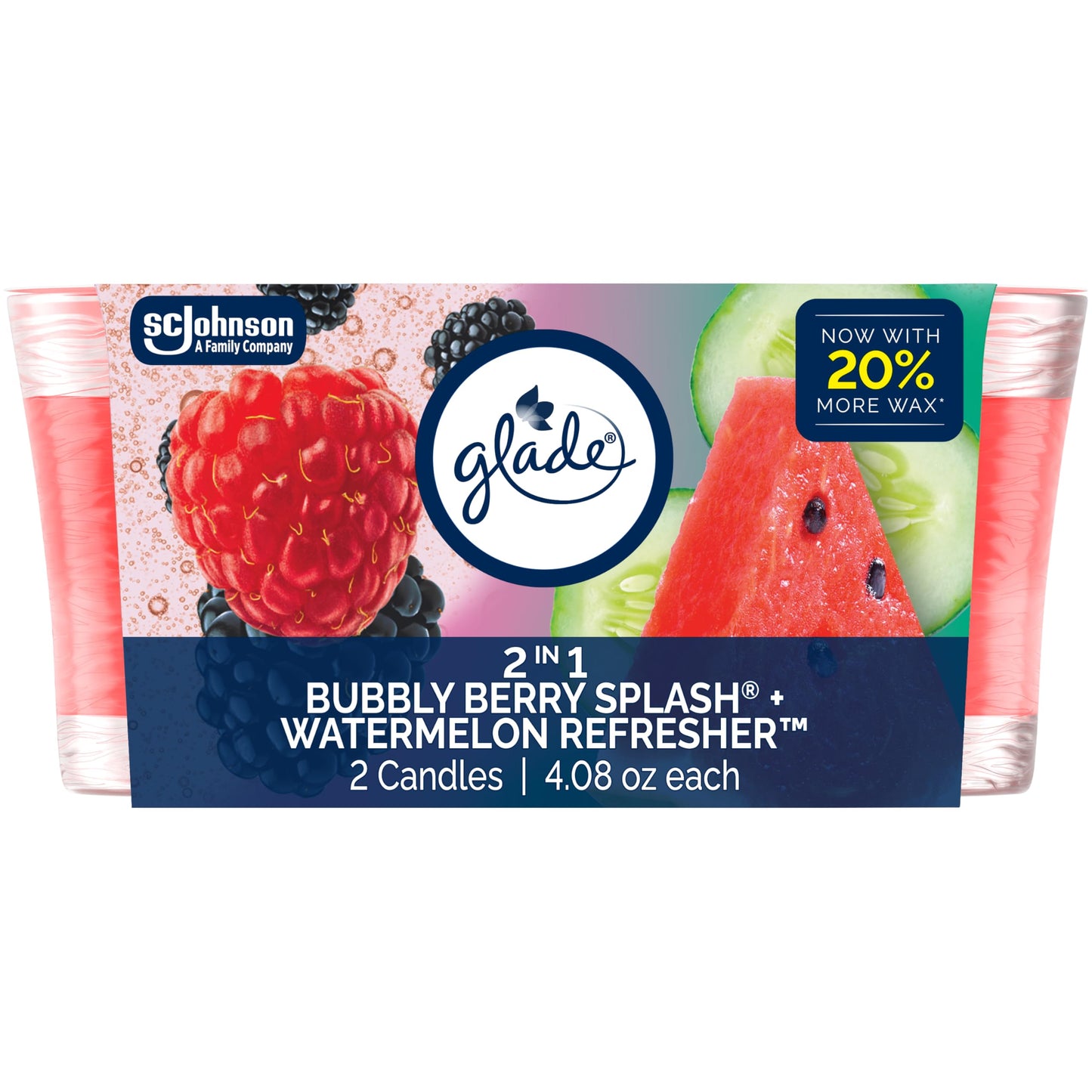Glade 1-Wick 2in1 Scented Candle Jar, Bubbly Berry Splash & Watermelon Refresher, Air Freshener Infused with Essential Oils, 4.08 Oz, 2 Count