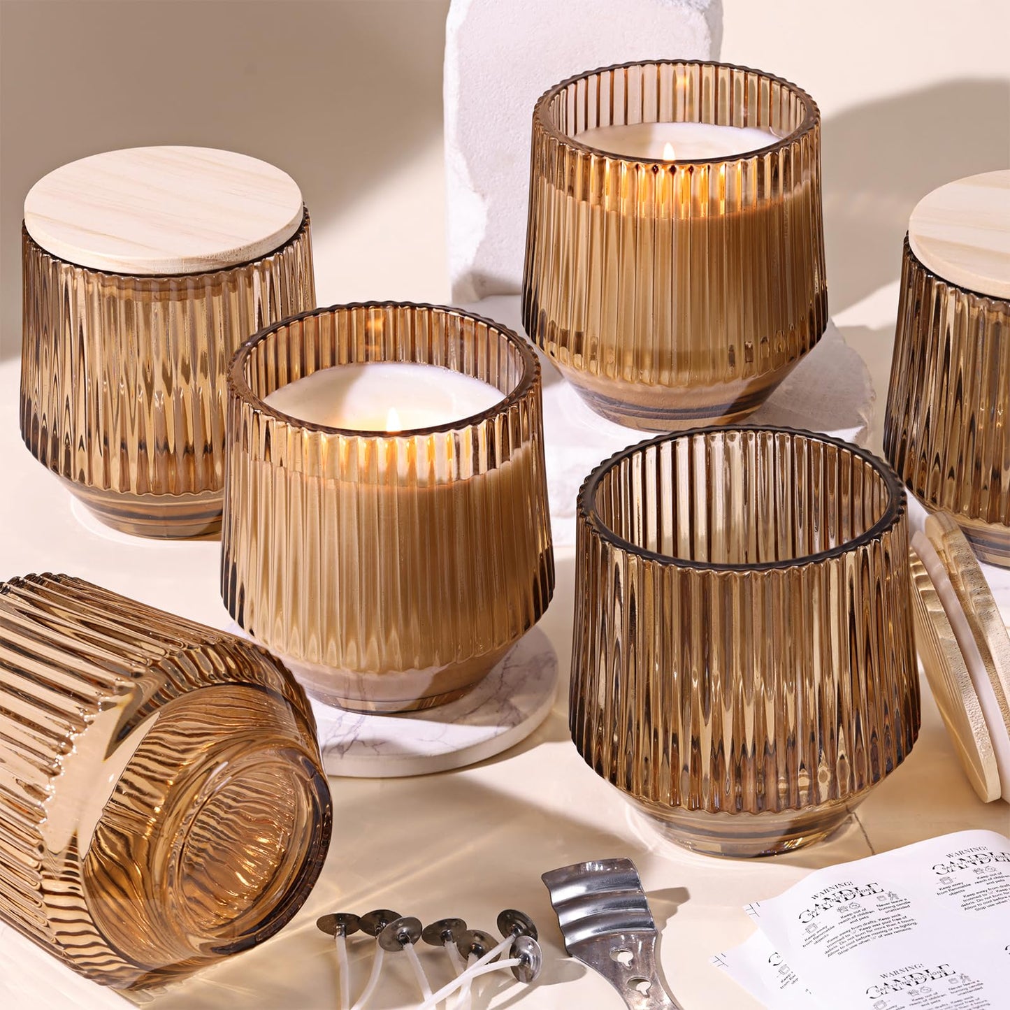 Simeitol 13 OZ Candle Making Kit - 6 Pack Amber Ribbed Glass Jars With Bamboo Lids and Wick Kit for Containers