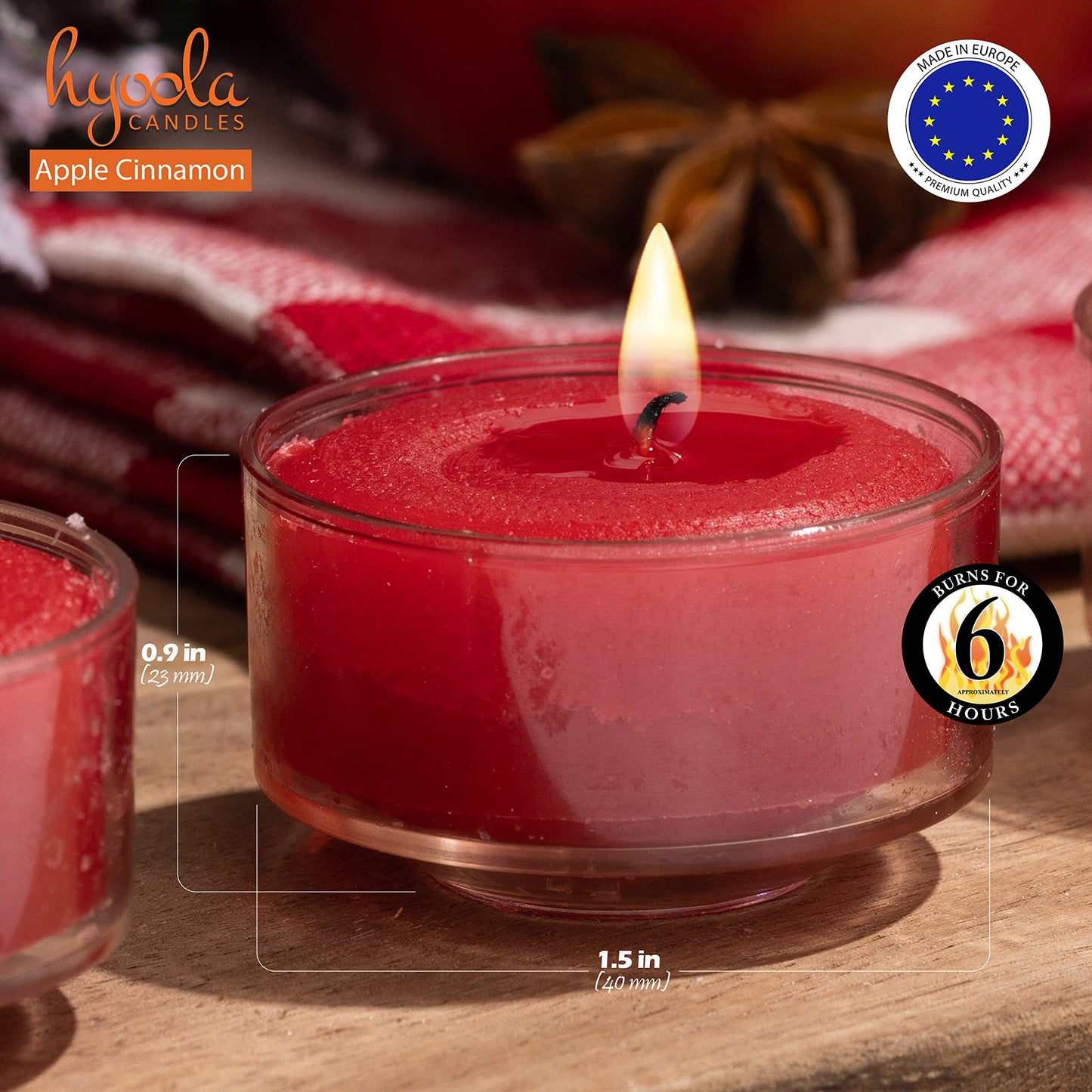 HYOOLA Scented Tealight Candles - Clear Cup - Apple Cinnamon Tealight Candles Scented - 6 Hour Burn Time - 15 Pack - European Made