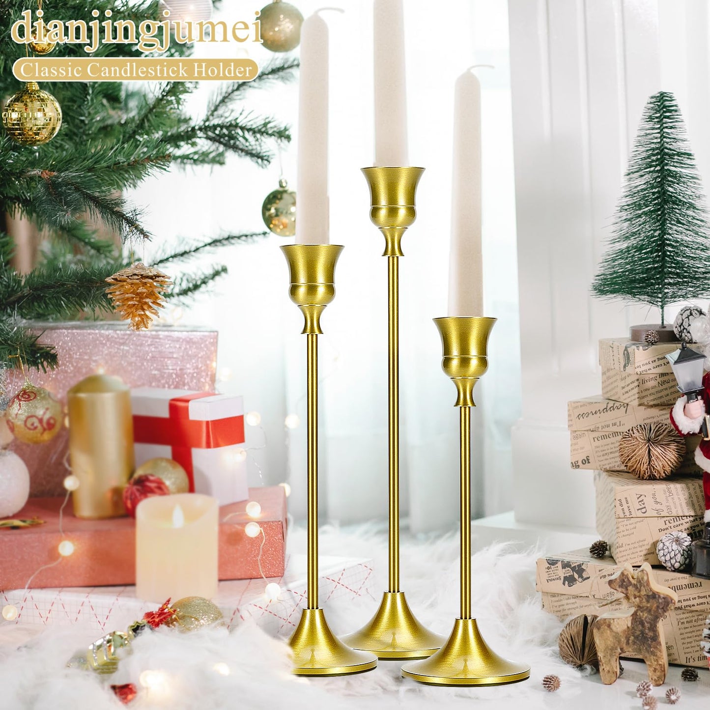 Metal Brass Gold Taper Candlestick Holders Set of 6, Wine‑Glass Shaped Candle Stick Holder with 3 Assorted Heights, Elegant Table Centerpiece Decor for Wedding Christmas Fireplace