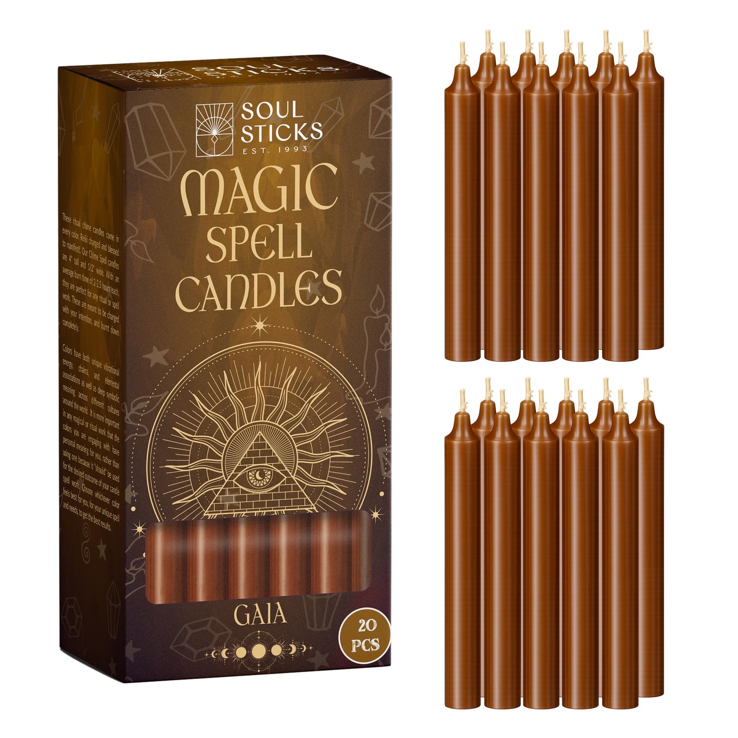 SOUL STICKS Gaia Magic Spell Chime Taper Candles 20 Pack - Ideal for Altar, Rituals, Ceremonies, Meditation Brown Chime Candle for Witchcraft Supplies, Wiccan Supplies, Candles Clearance