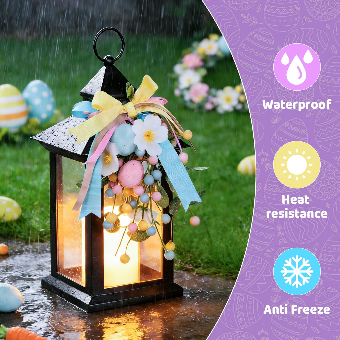 JOHUNT Easter Decorative Candle Lanterns, Battery Operated with Timer, 2 Pack Black Easter Egg Lanterns, 14" Waterproof Hanging Lanterns for Porch, Patio, Wedding Spring Decor