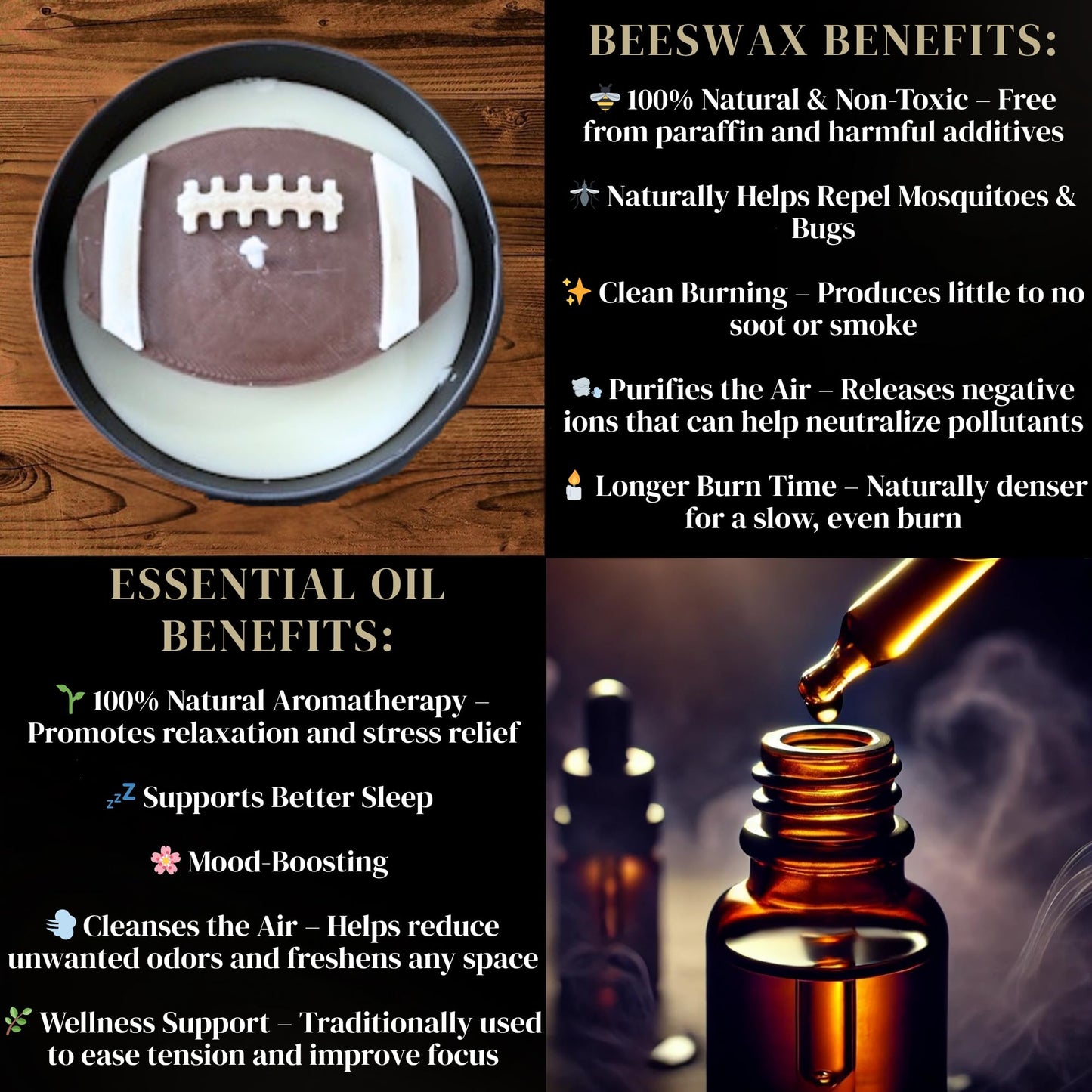 All-Natural Football Candle – Eucalyptus Scent | Hand-Poured in The USA | Beeswax & Soy Wax | Essential Oils | 100% Beeswax Wick | Premium Gift Box | Candle Gifts for Men & Women