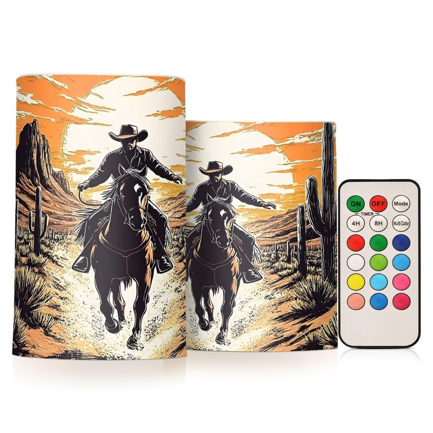 ALAZA Flickering Flameless Candles Western Cowboy Sunset Desert Cactus Battery Operated Candles with Remote Timer LED Pillar Votive Candles Set of 2 for Holiday Decor